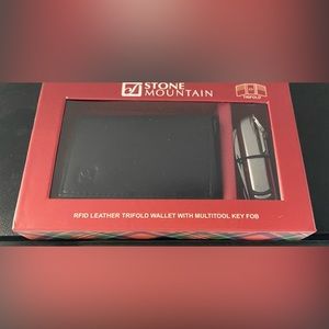 Stone Mountain Leather Trifold Black Wallet & Silver Pocket Multitool Key Fob